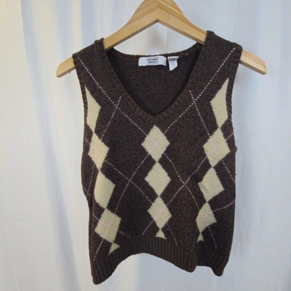 Old Navy Sweater Vest Womens XL Brown Argyle V Neck Wool Blend Knit Sleeveless